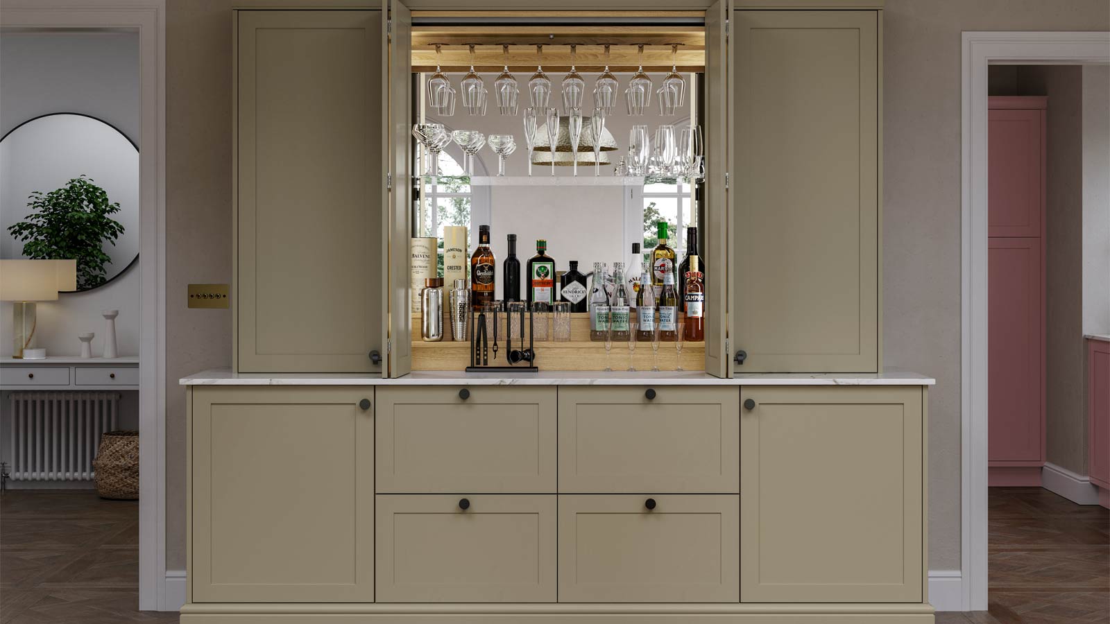 A kitchen dresser unit with a drinks shelf