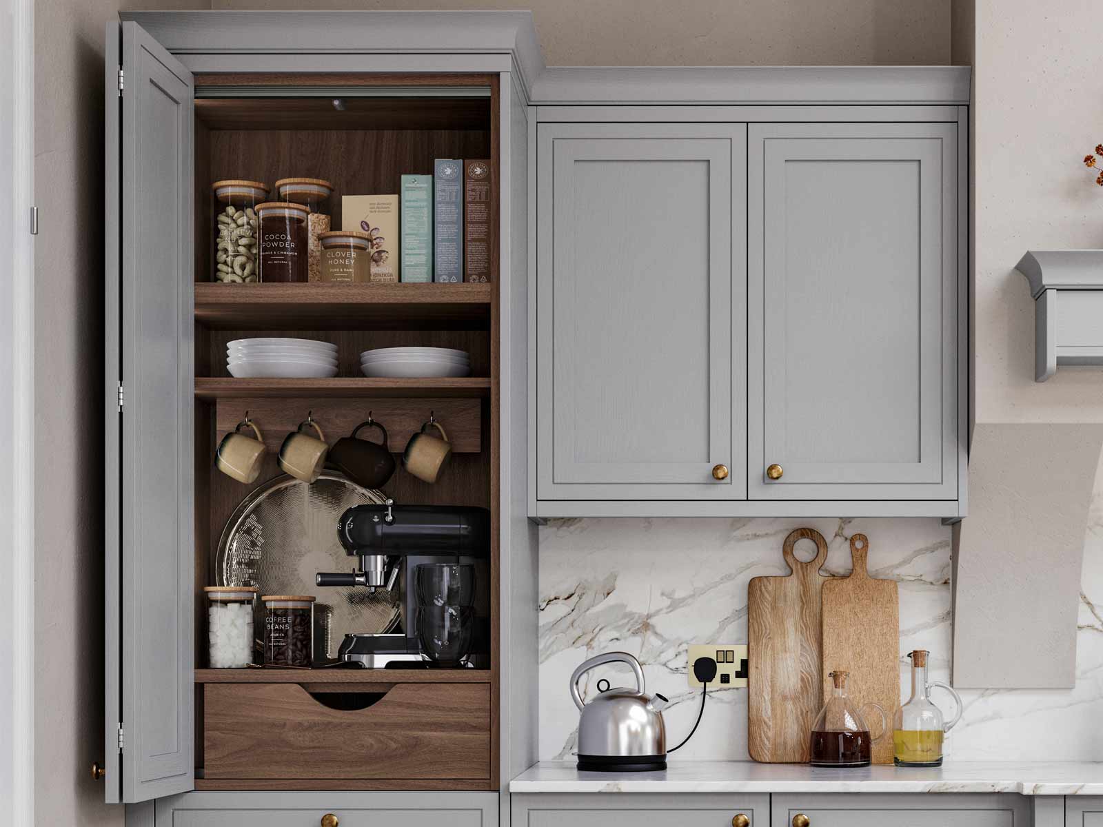A coffee bar cabinet complete with shelves for a breakfast station