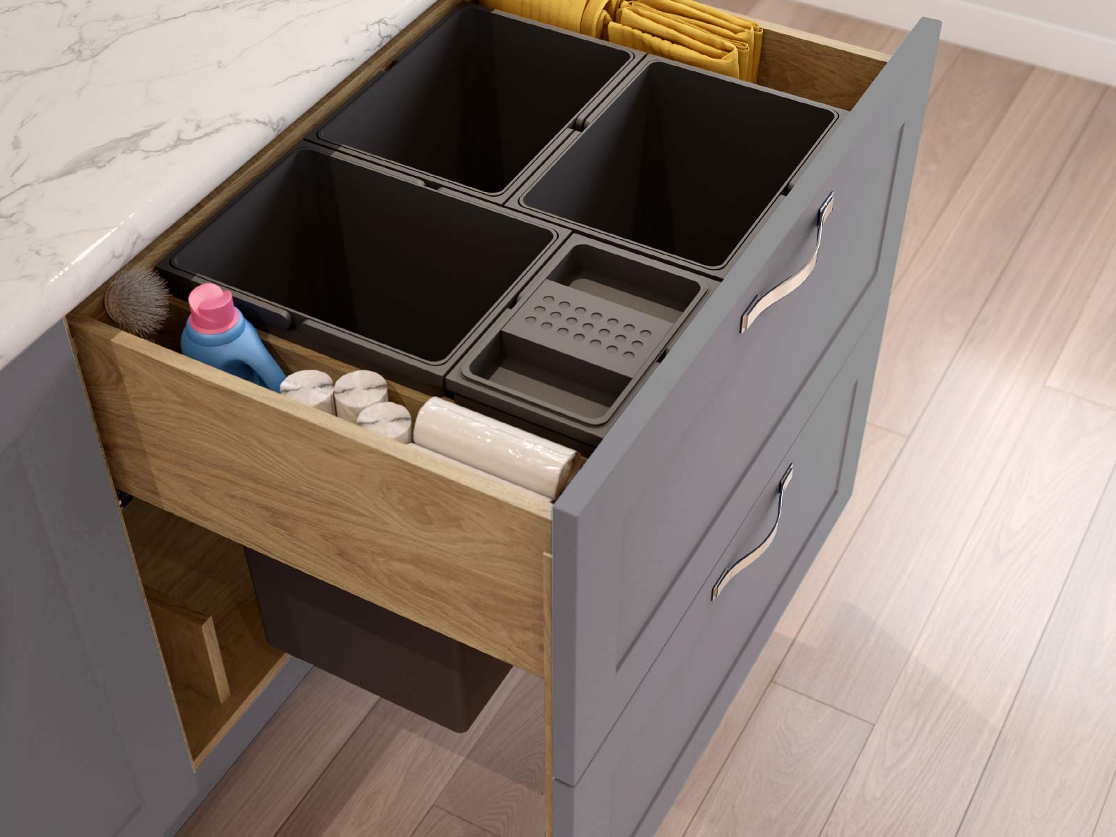 A pull-out kitchen bin for recycling with an odour filter lid