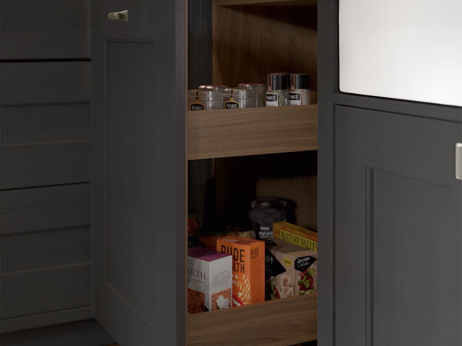 A pull-out cabinet kitchen furniture item containing spices and food packs
