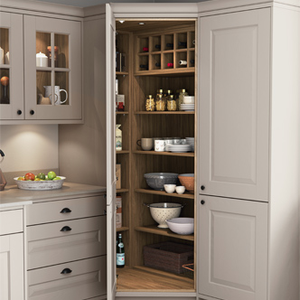 Corner kitchen pantry with shelves and wine bottle pigeon holes
