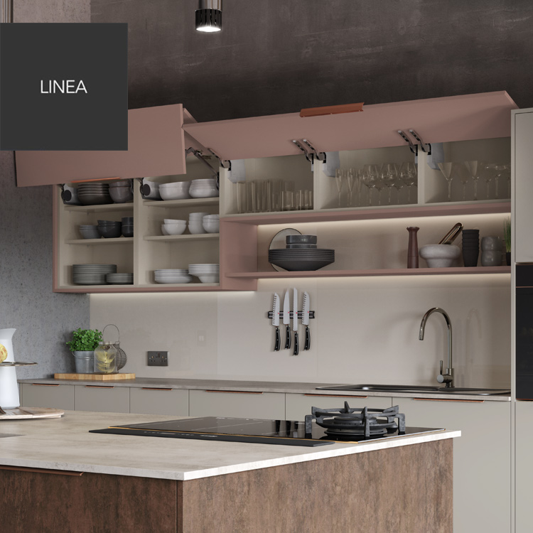 Linear extended wide wall kitchen cabinet in pink