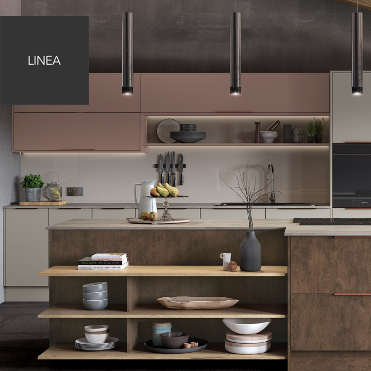 Wide kitchen cabinets displayed in a pink and white range