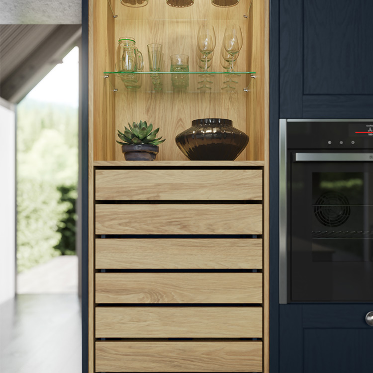 Wood crate larder drawers with navy doors and shelves