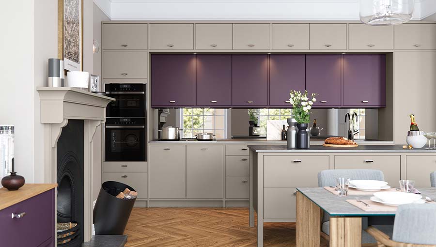 Contemporary inframe kitchen in grey and mulberry