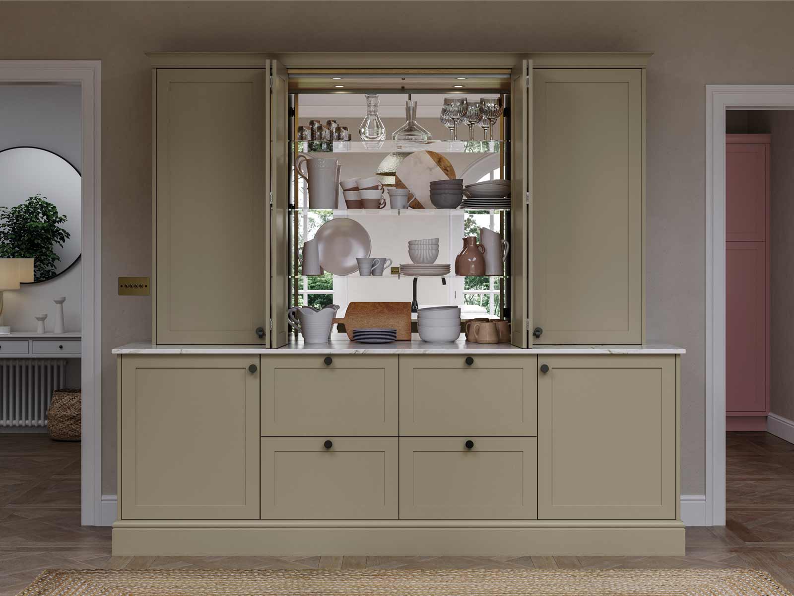 A pale green and Portland oak Display Dresser on a matching credenza