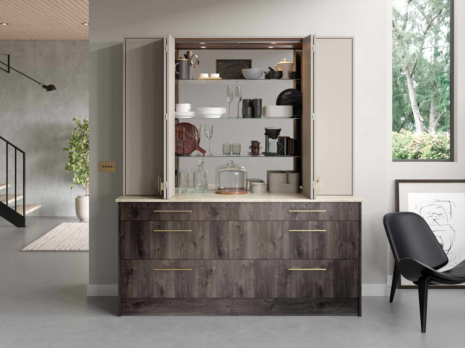 A stylish countertop wall cabinet with mirrors, crockery and glassware