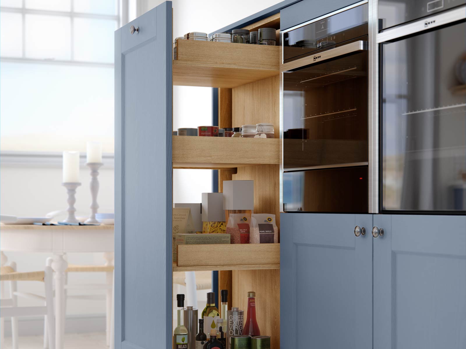 A pull-out cabinet kitchen corner larder unit with powder blue kitchen doors