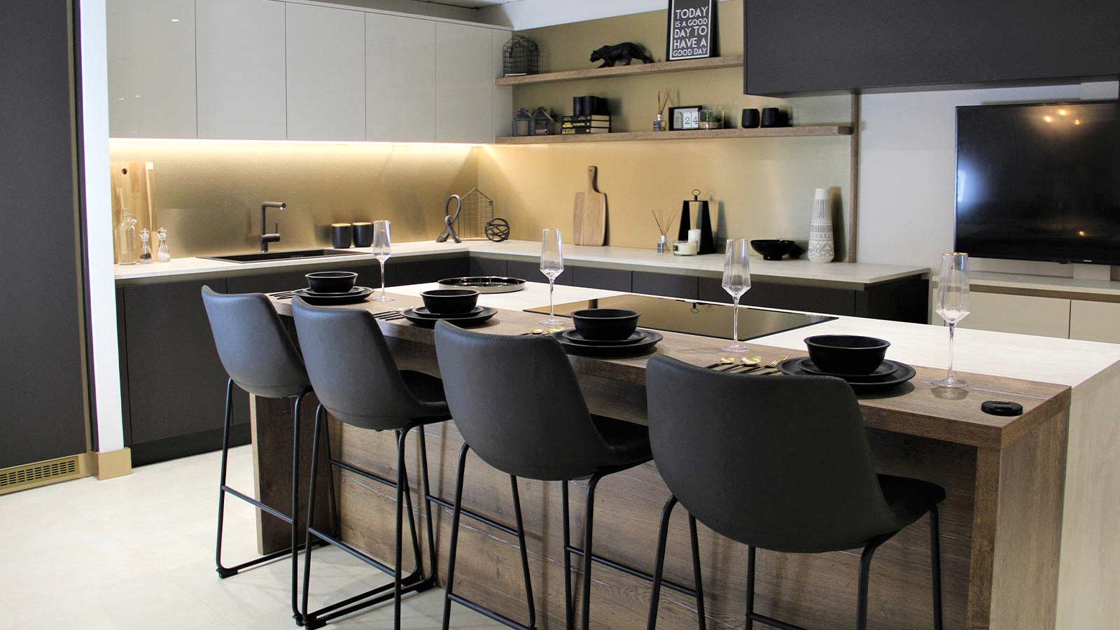 Modern luxury kitchen with bronze metallic accents