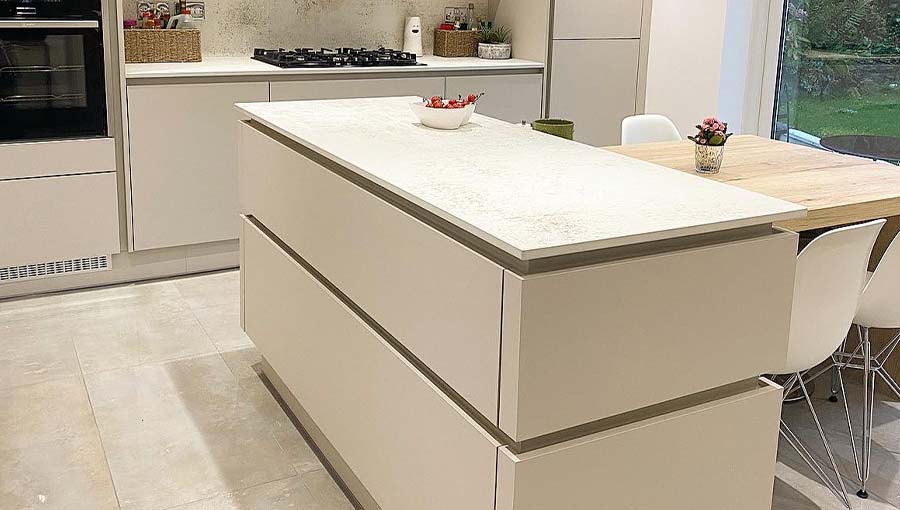 Handleless kitchen featuring extra wide, extra deep drawers