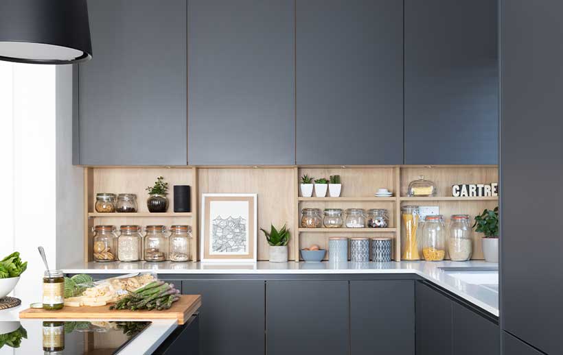 Wood open shelving in a modern kitchen