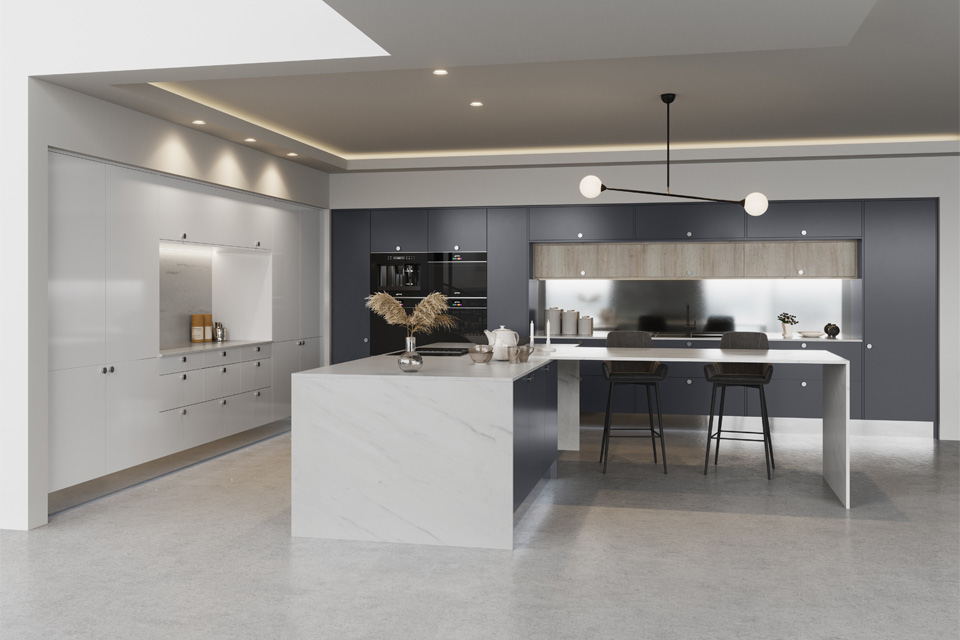 Ultra-modern kitchen in Slate with Scots Grey gloss and Marble worktops
