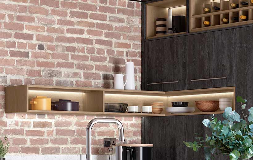 Letterbox open shelving in a modern kitchen