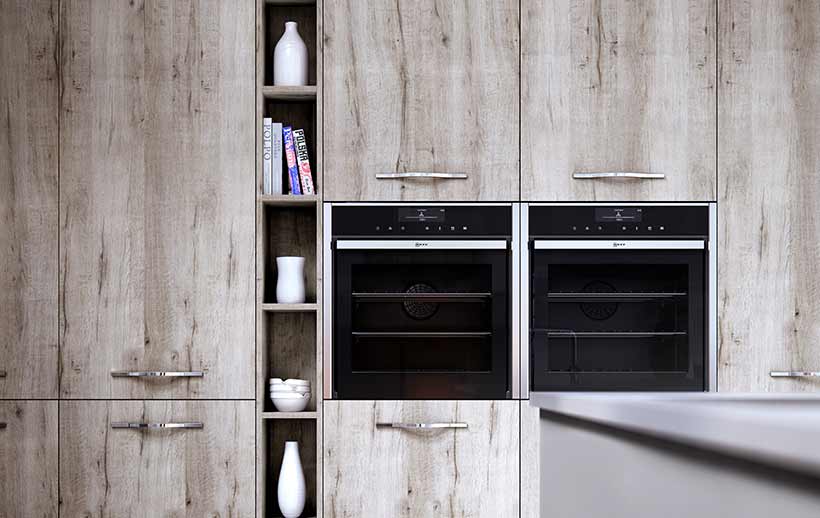 Tall open shelving in a modern kitchen