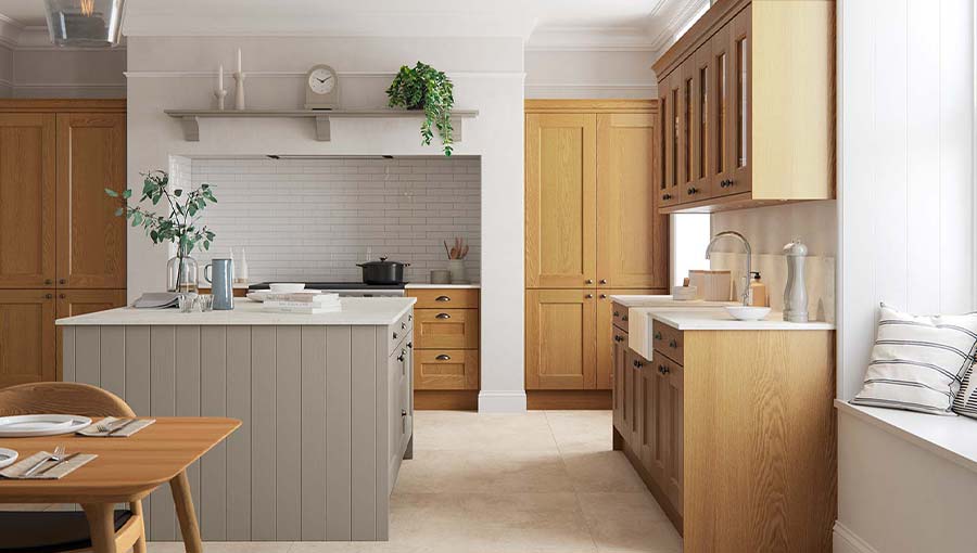 Natural oak shaker kitchen with warm grey hues