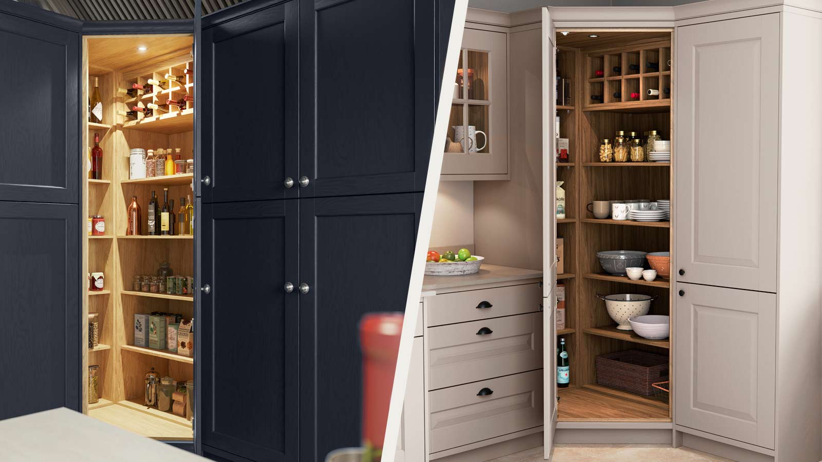 A corner kitchen pantry for kitchens that need a corner kitchen storage cabinet