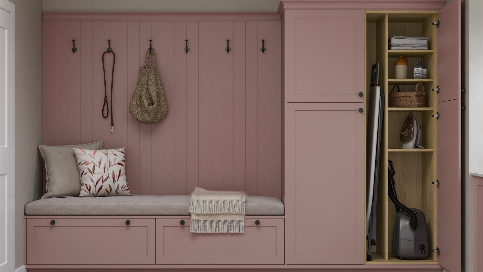 A utility room cabinet with a cleaning cupboard divider and a boot room seat