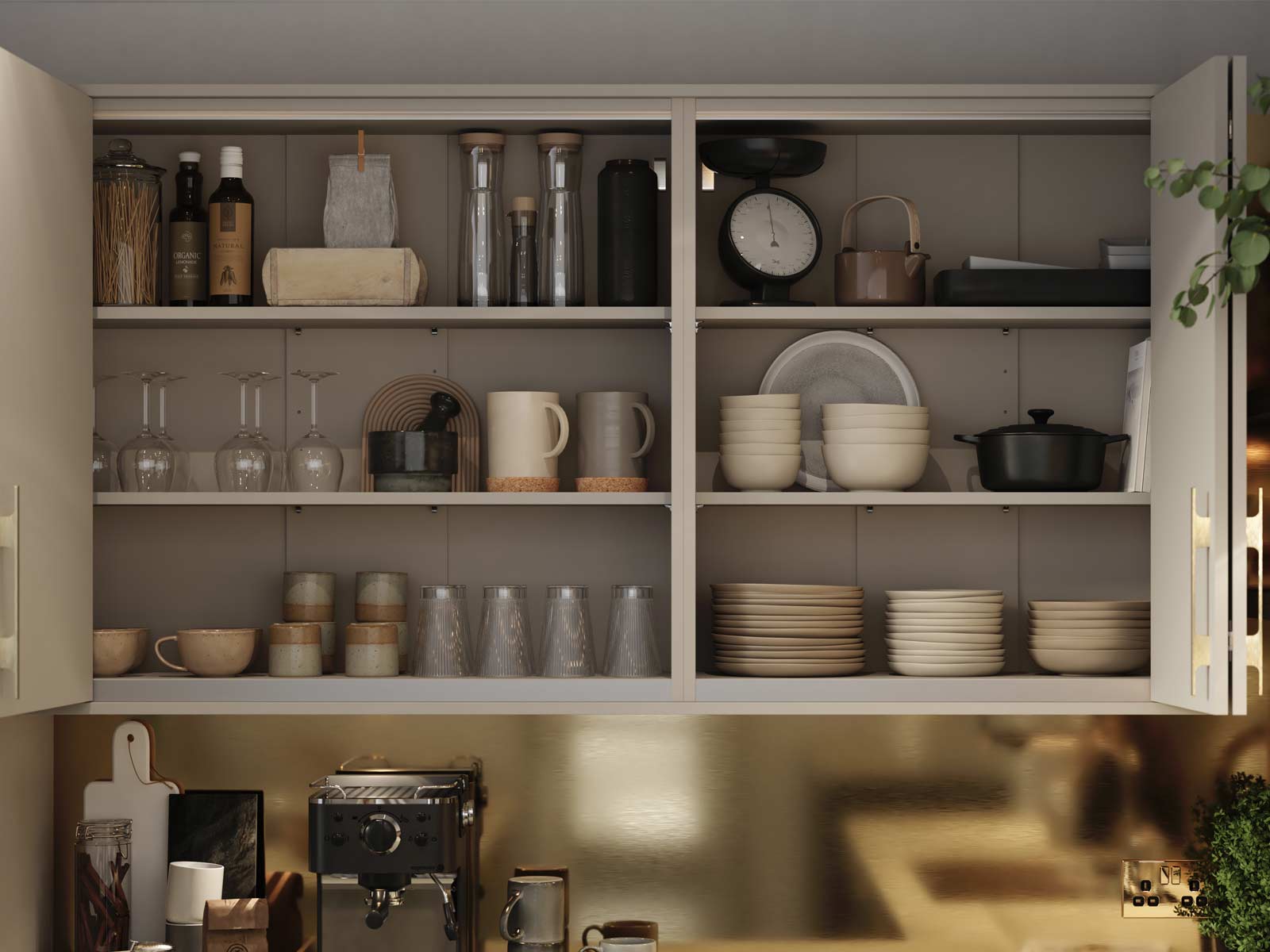 Kitchen cupboards with wooden folding doors