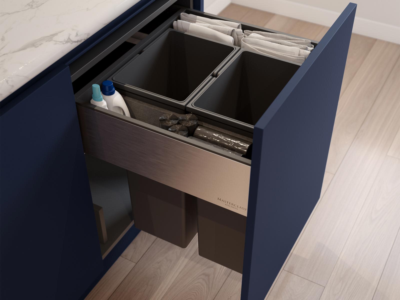 A double kitchen bin with spaces for bags and cleaning products