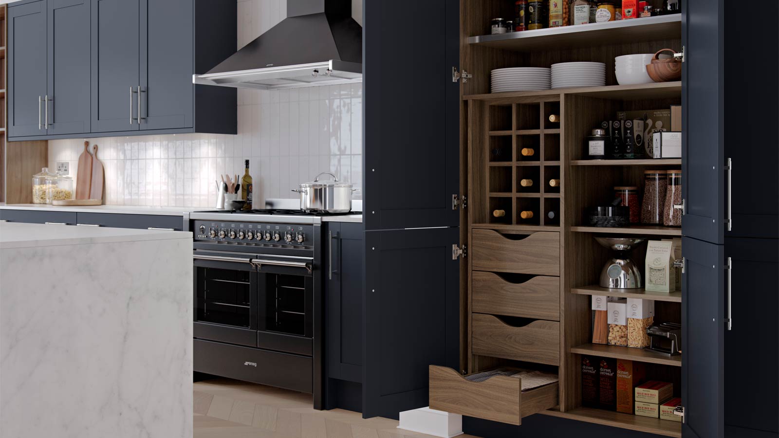 A butler’s pantry with shelves and other forms of pantry storage