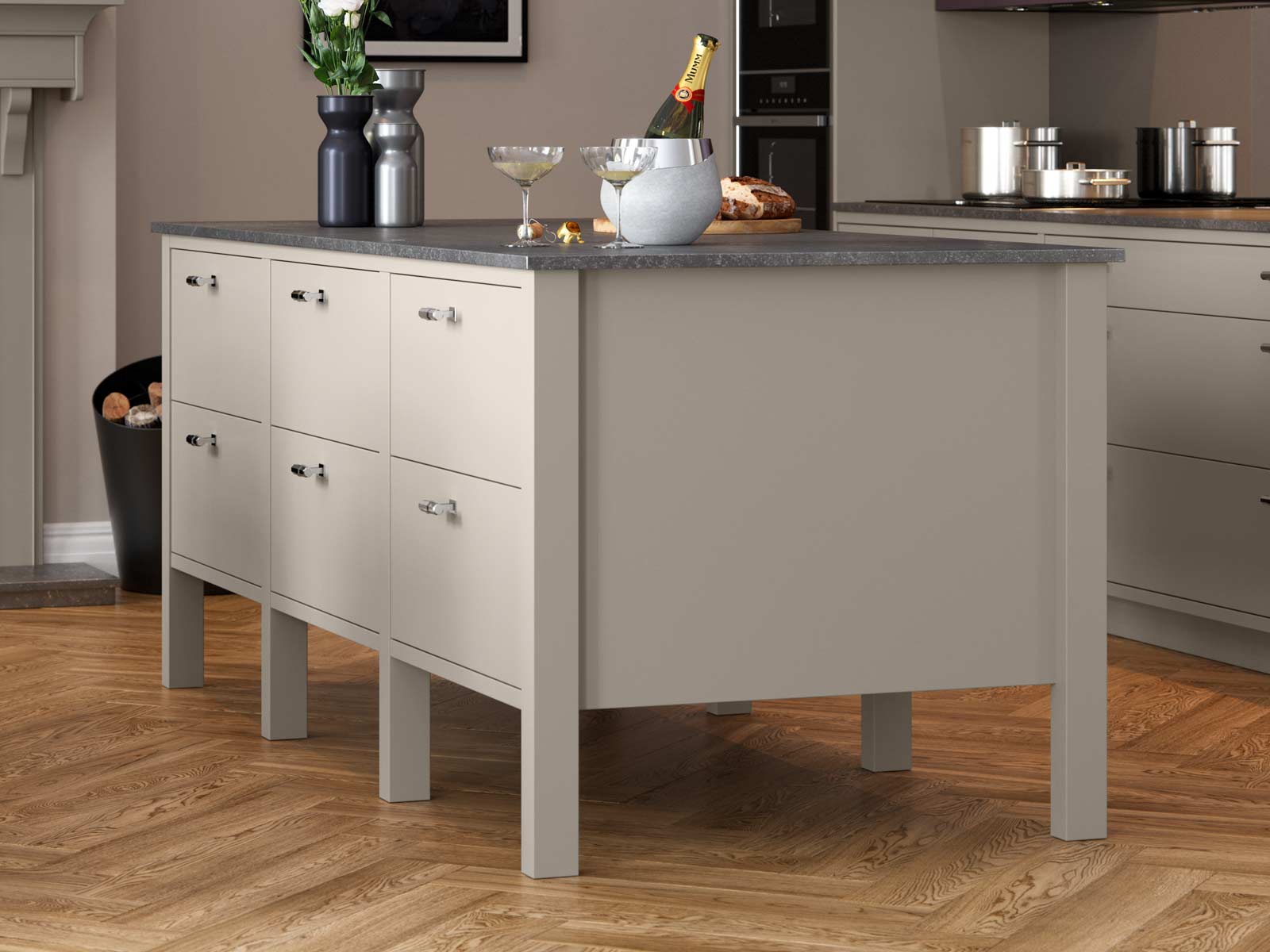 A mobile kitchen island with a dark worktop