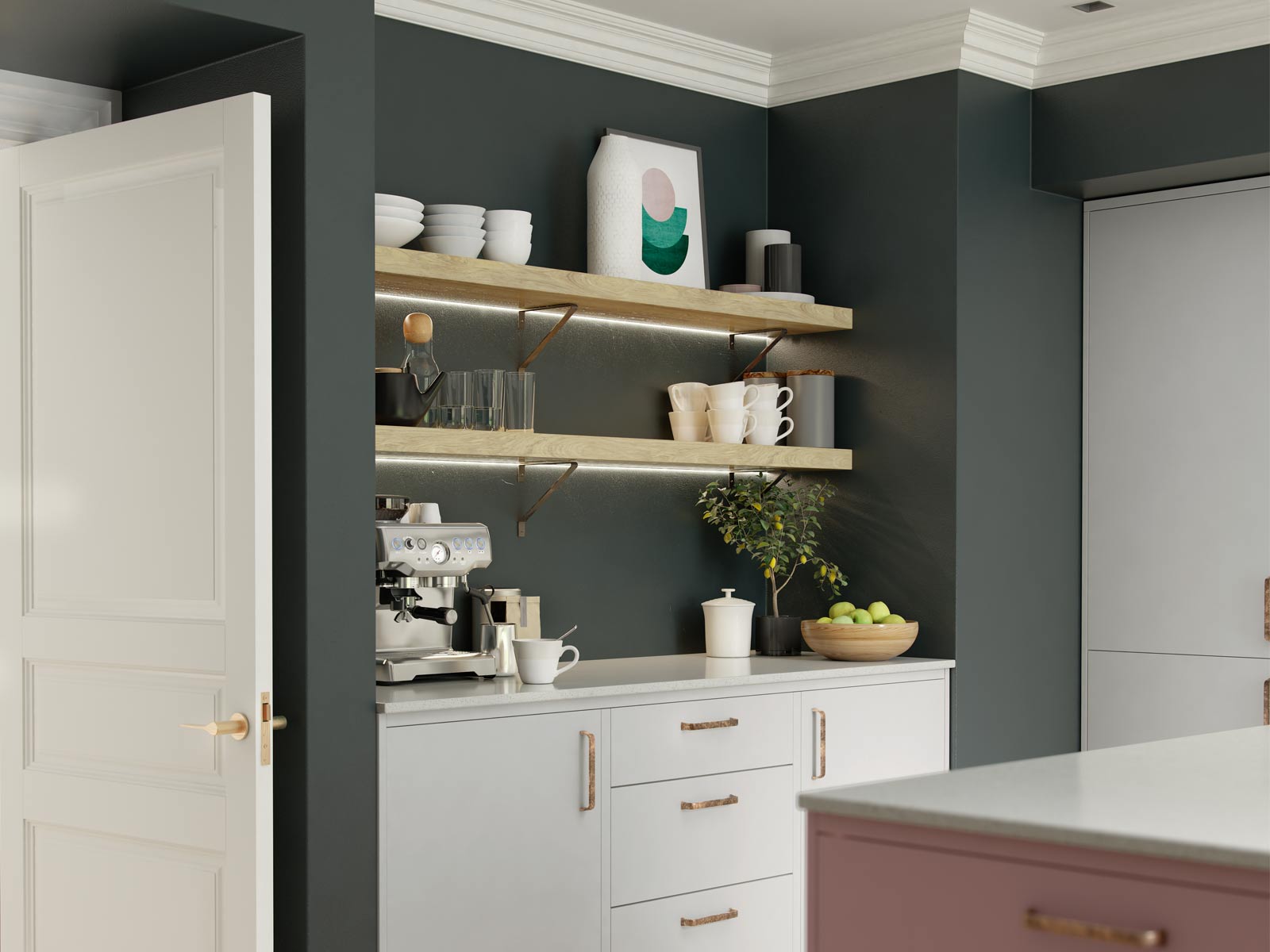 Oak shelves used to kitchen shelving for an alcove