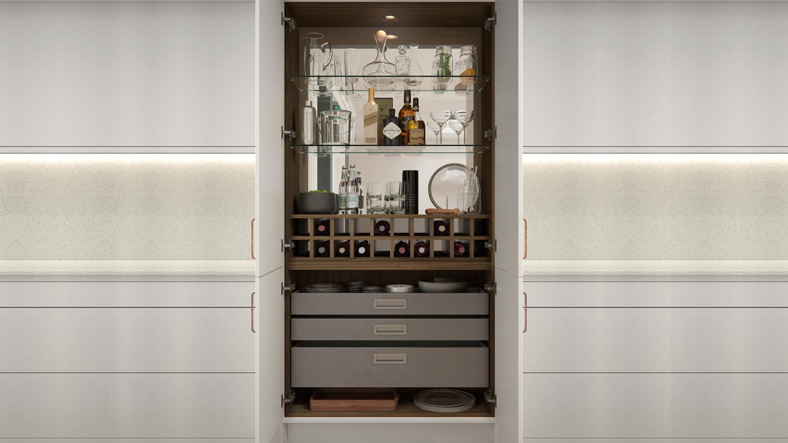 Cocktail display cabinet with drink bottle storage and a shelf for wine bottles