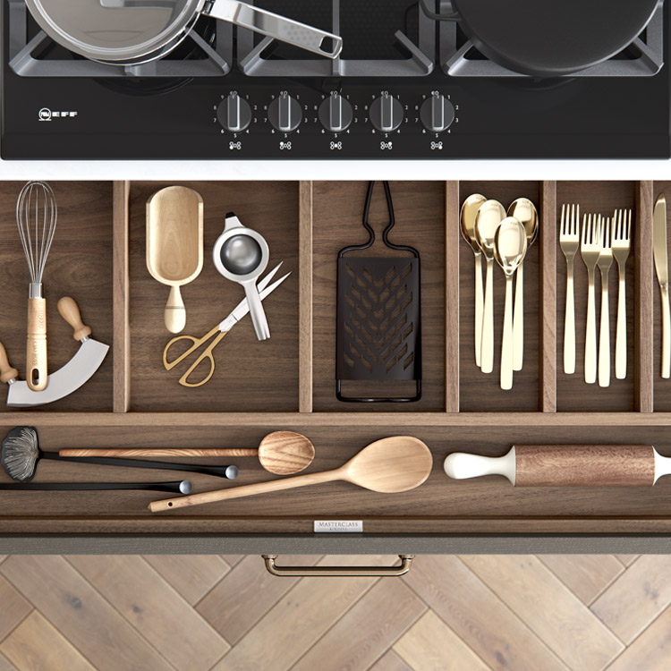 Wood-effect kitchen drawer with organiser dividers