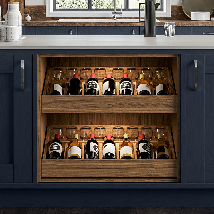 Wine drawer in a blue kitchen