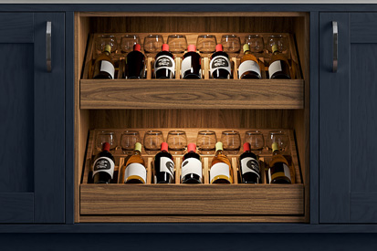 Wine drawers built into a kitchen cabinet