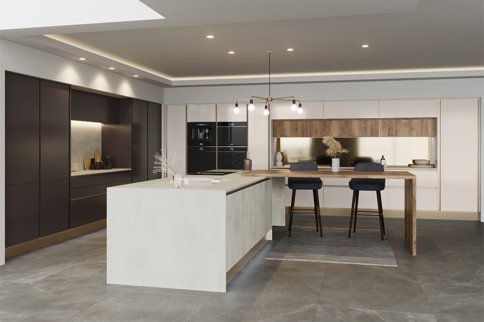 Modern handleless kitchen with white and grey doors