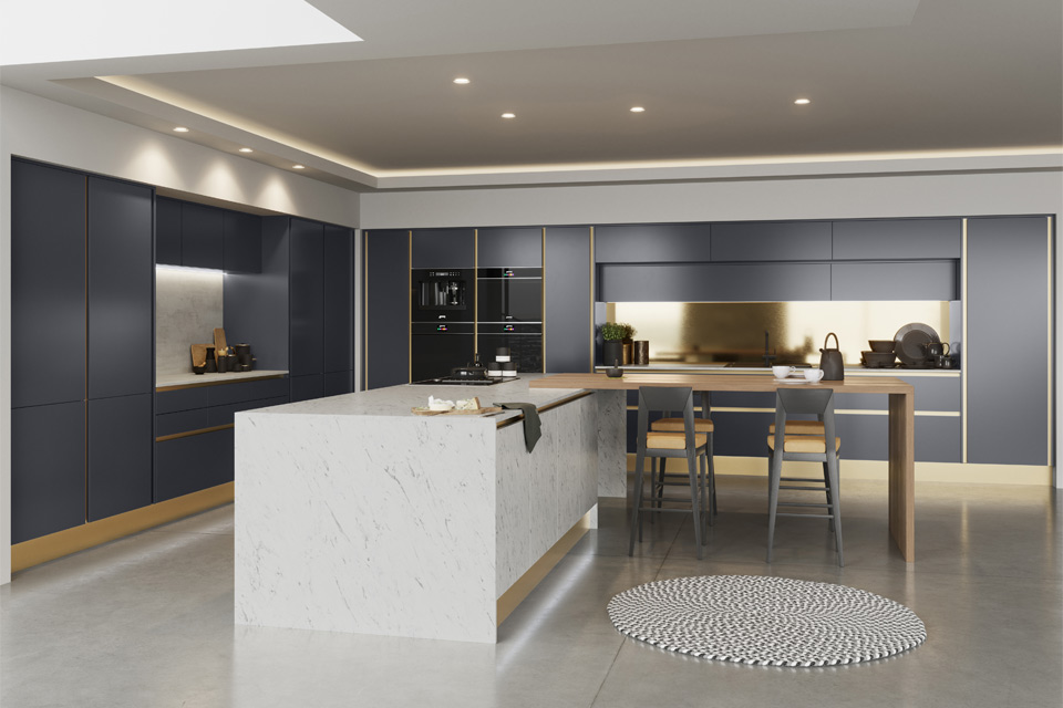A blue handleless kitchen with a handleless kitchen island and breakfast bar