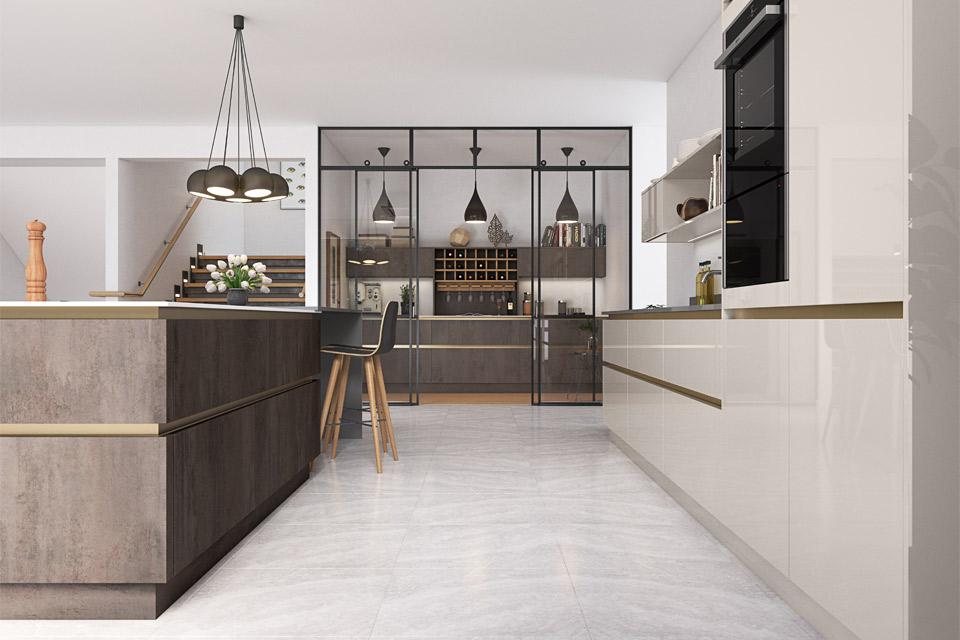 A gloss handleless kitchen with two colours and metallic rails