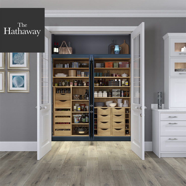 A kitchen pantry unit in white and blue finish