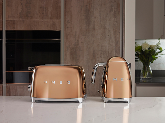 Rose Gold Smeg Kettle and Toaster in a Masterclass Kitchen