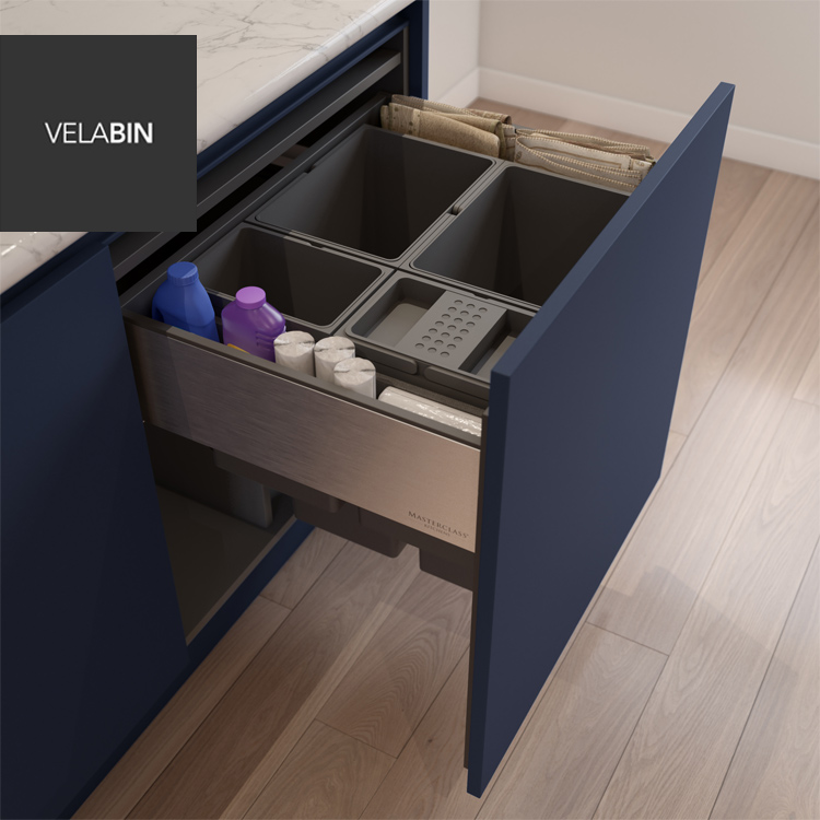 Blue integrated kitchen bin in cabinet