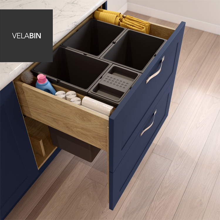 hide away bins in cabinet with blue Shaker kitchen doors