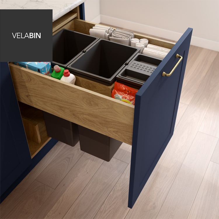 Dark blue kitchen with Masterclass integrated kitchen bin