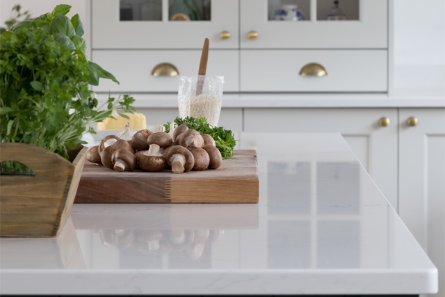 Food preparation area with mushrooms and herbs