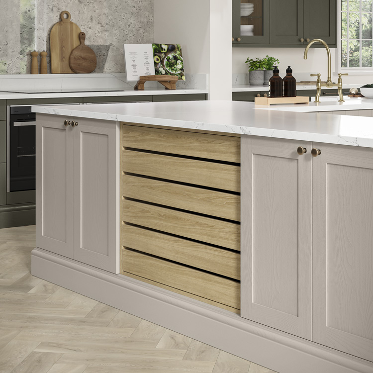 Wood crate drawer in grey kitchen island