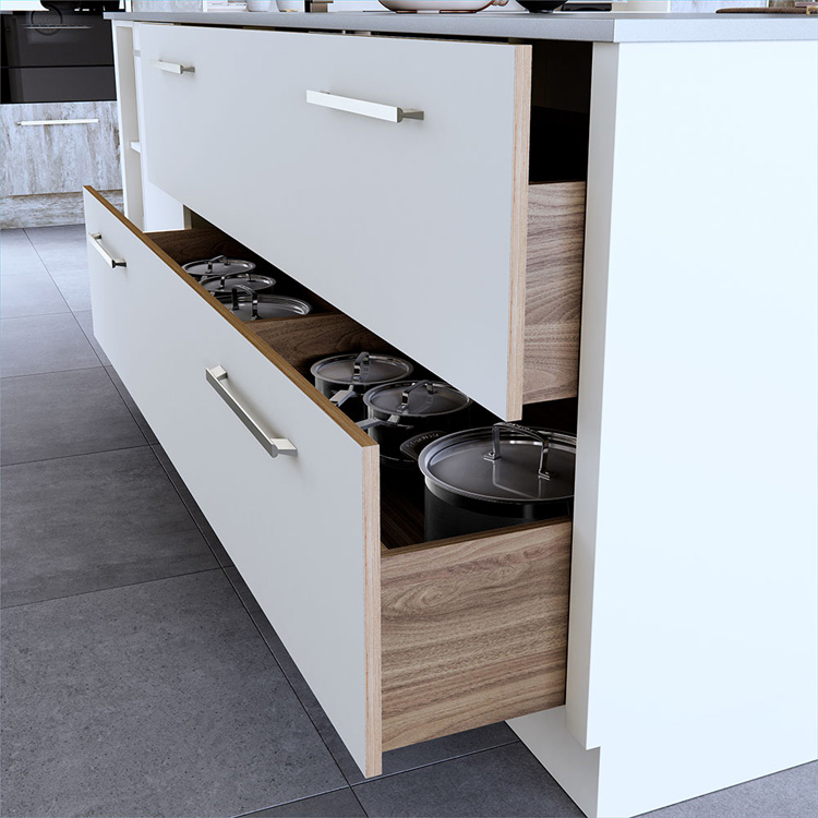 Modern kitchen drawers with wood-effect interior