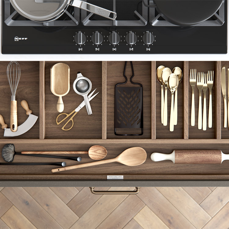 Traditional kitchen drawer interior with all wood effect