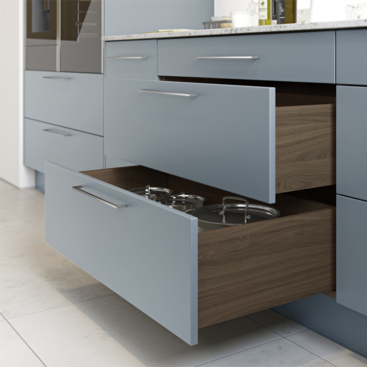  Dark wood kitchen drawer interior in modern kitchen cabinet