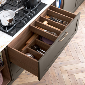 Wood-effect kitchen cupboard drawers