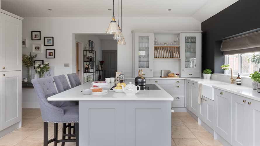 Grey kitchen island in a shaker kitchen