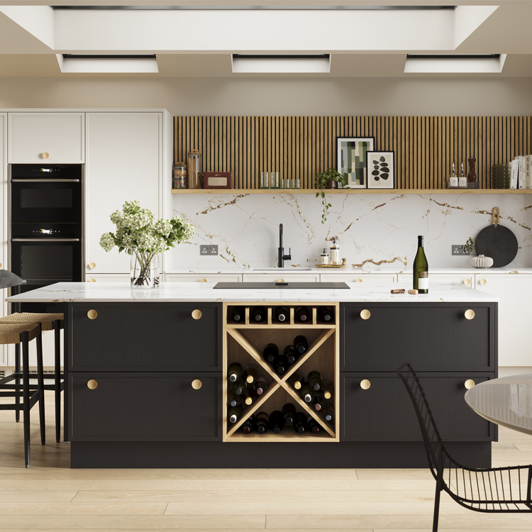 A beige black kitchen range full of monochrome kitchen ideas