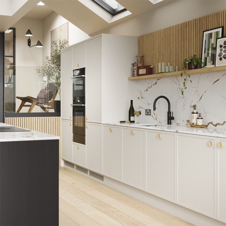 Beige and black kitchen cabinets