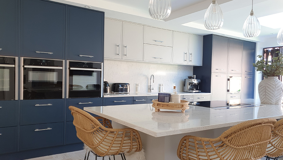 Grey and blue kitchen with kitchen island