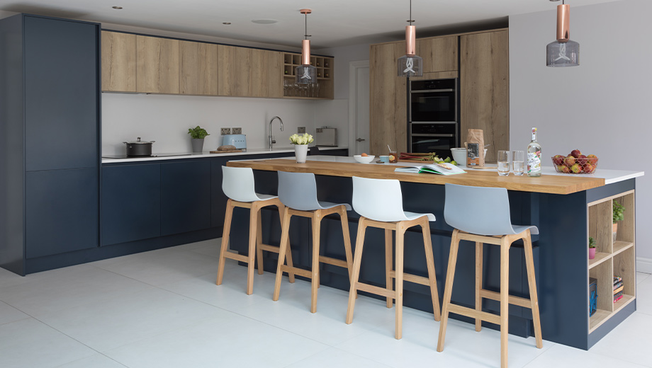 Modern blue kitchen with wood effect features
