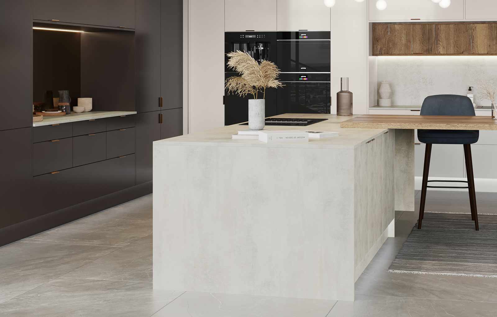 White concrete effect modern kitchen paired with dark kitchen cabients
